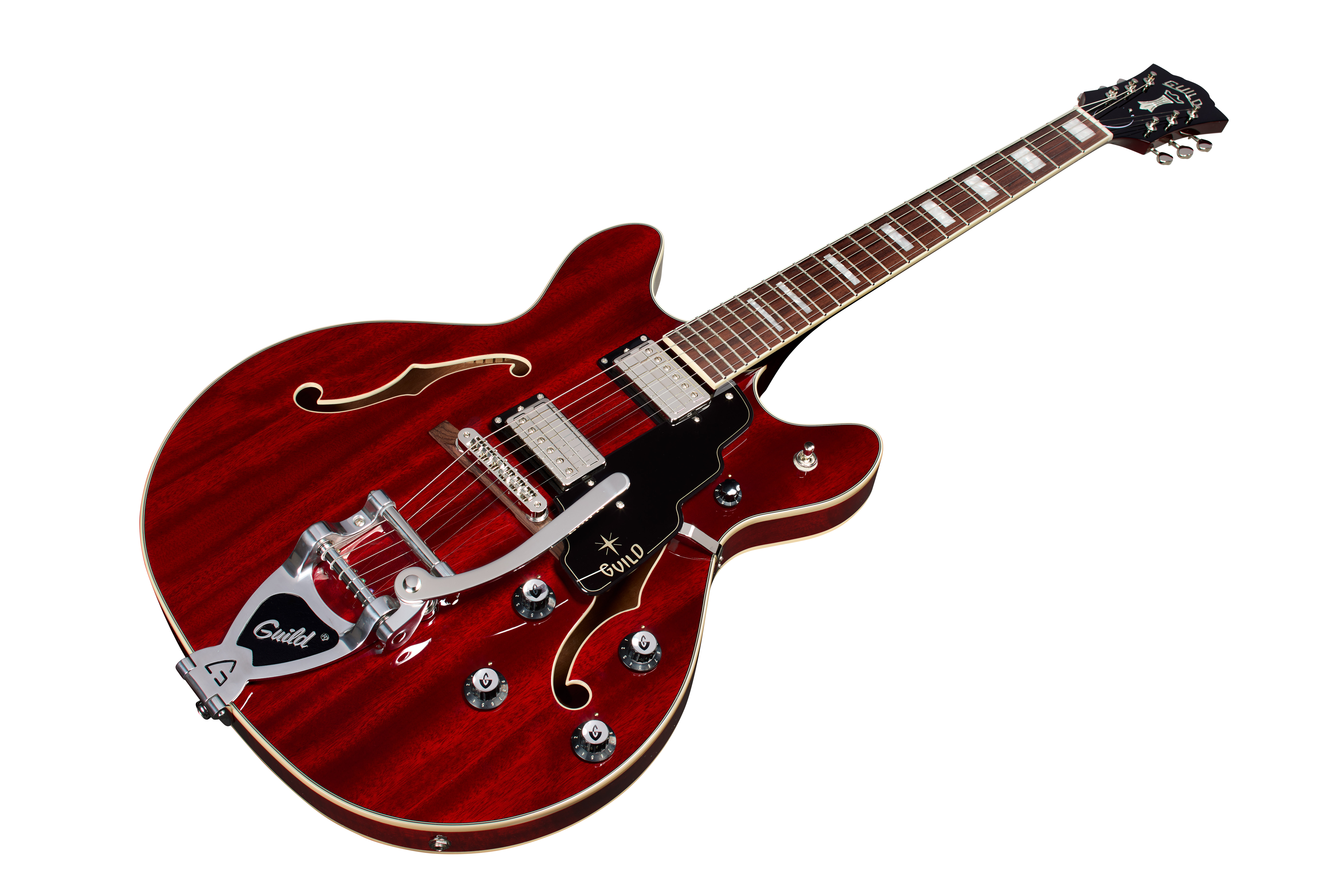 E-Gitarre, Halbakustik, Mahagonikorpus, dunkelrot, Bigsby-Tremolo